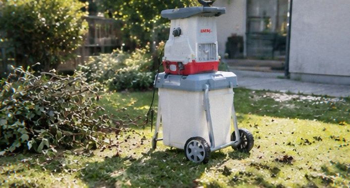 IKRA ILH 3200A electric garden shredder with collection box, shown side on